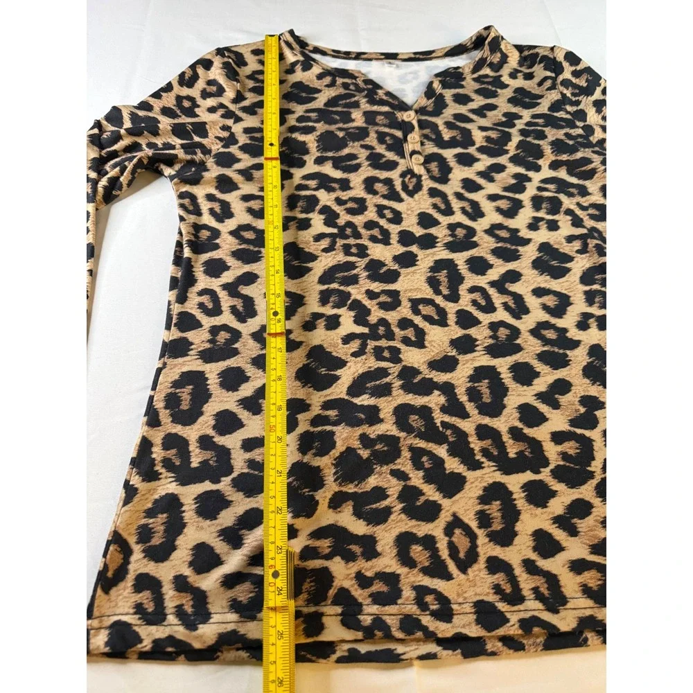 Womens Leopard Print Long Sleeve Henley Shirt Tan Black Animal Pattern Top Small